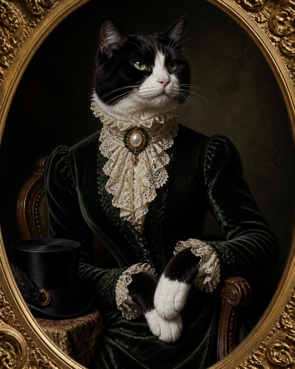 Victorian oil portrait of Domino, once of the kitchen floor — now Dowager Countess of Whiskerhampton